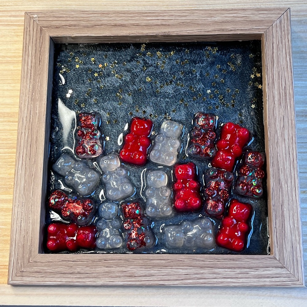3D gummy bears  made  by me with Resin transparent,red,gold leaf, red glitter .